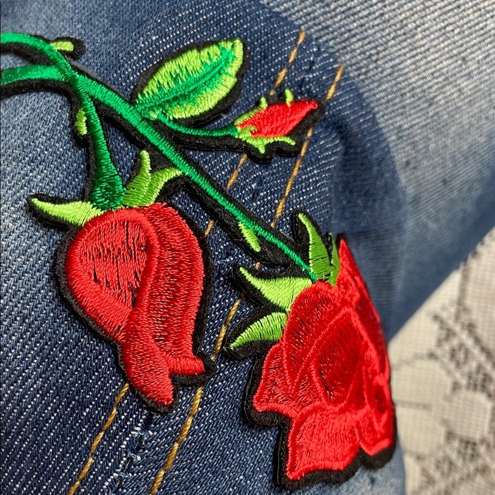 New With Tag Blue Denim Cap with Red and Yellow Embroidery Roses - Picture 6 of 7